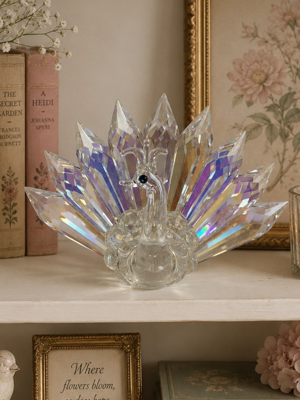 Glass Peacock Figurine with Iridescent Feathers